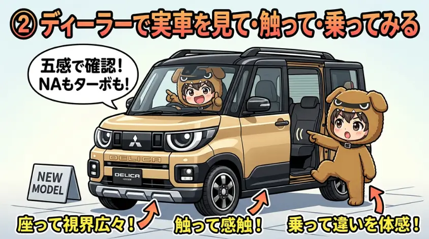 ディーラーで実車を見て・触って・乗ってみる