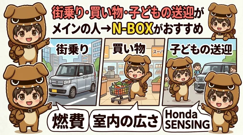 街乗り・買い物・子どもの送迎がメインの人→N-BOXがおすすめ