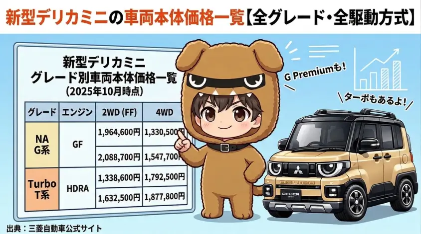 新型デリカミニの車両本体価格一覧