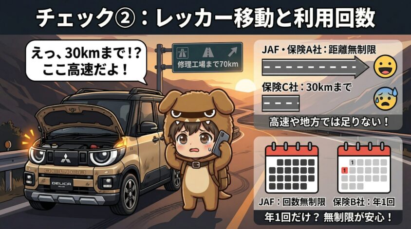 レッカー移動距離と利用回数制限を確認