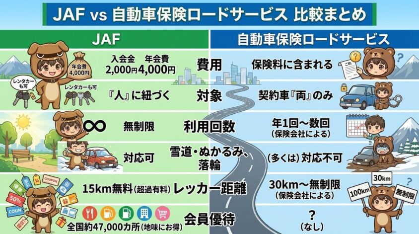 JAFと自動車保険ロードサービスの比較まとめ