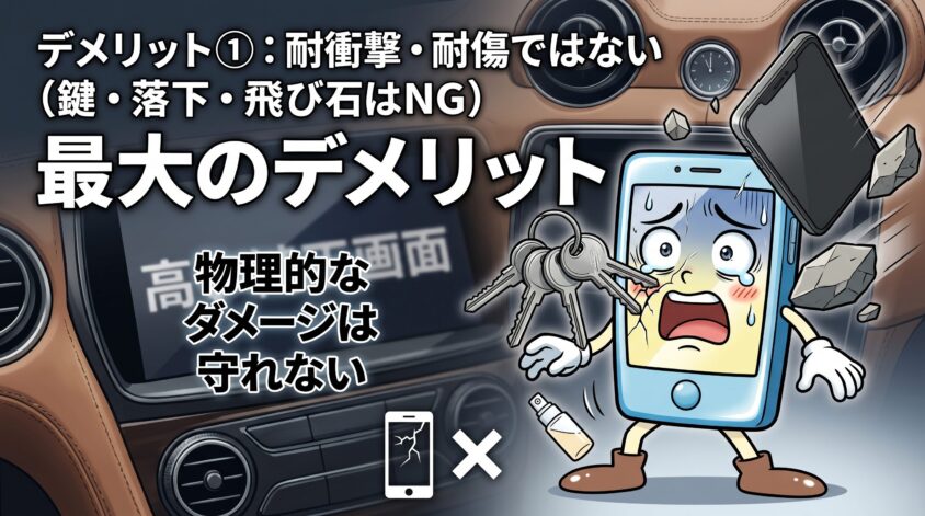 デメリット①：物理的な耐衝撃・耐傷保護ではない（鍵・落下・飛び石は守れない）