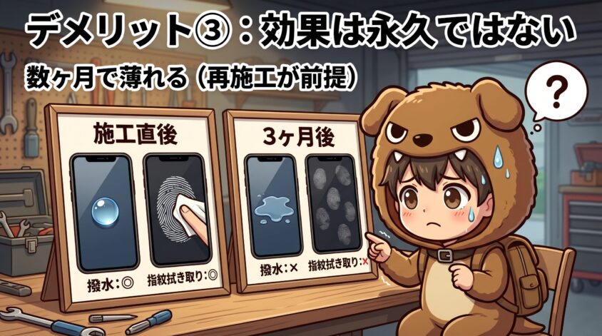 デメリット③：効果は永久ではない・数ヶ月で薄れる（再施工が前提）