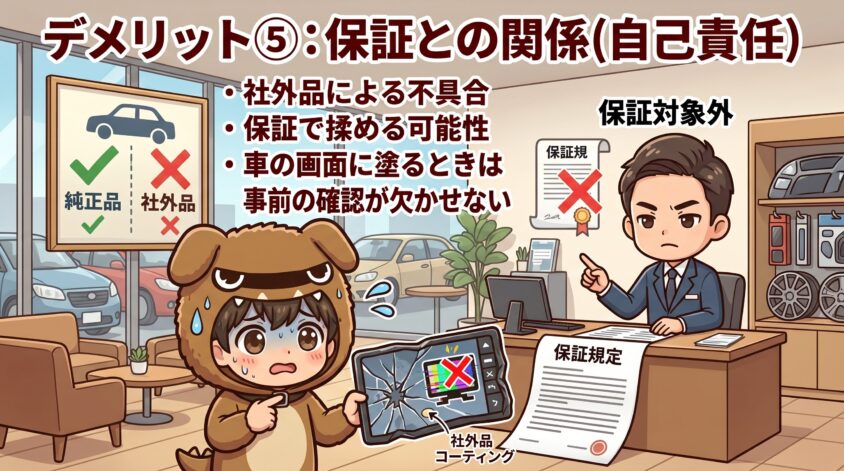 デメリット⑤：メーカー／ディーラー保証との関係（自己責任・事前確認）