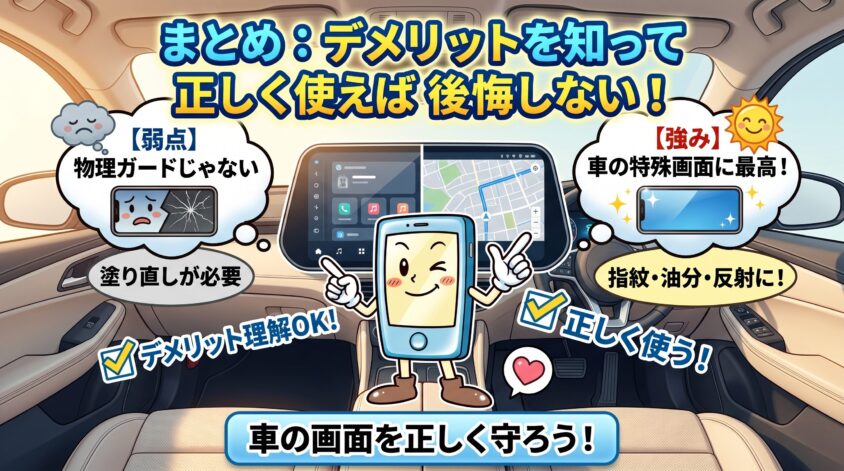 まとめ：デメリットを知って正しく使えば、車の画面でも後悔しない