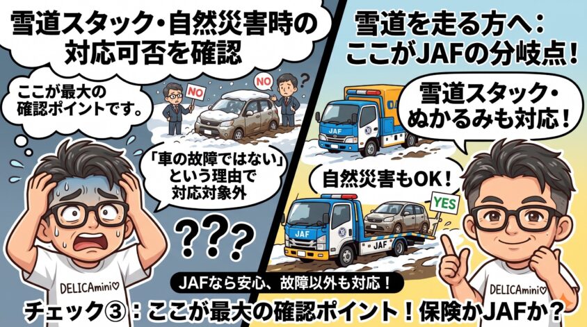 雪道スタック・自然災害時の対応可否を確認