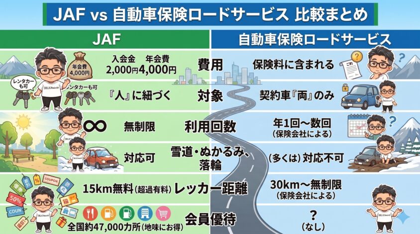 JAFと自動車保険ロードサービスの比較
