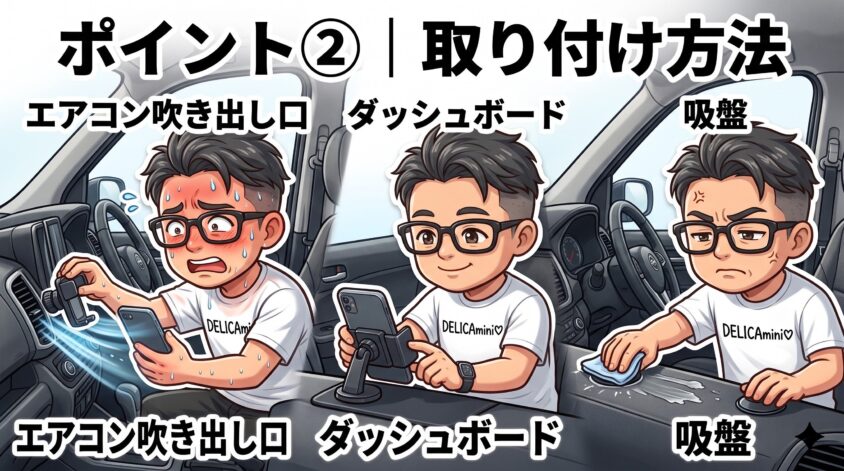 取り付け方法（エアコン吹き出し口 / ダッシュボード / 吸盤）