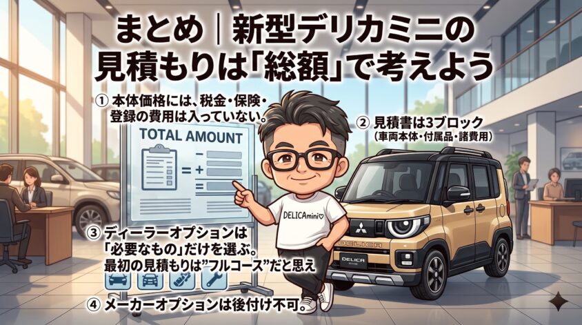 まとめ｜新型デリカミニの見積もりは「総額」で考えよう