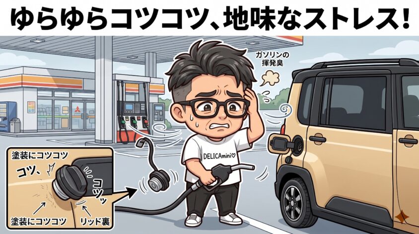 ガソリンスタンドで自分の前にゆらゆら、塗装にコツコツ