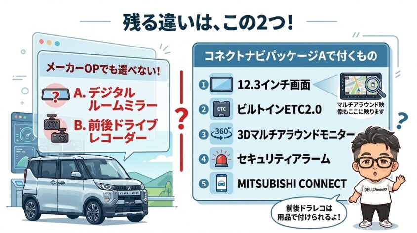 残る違いは、デジタルルームミラーと前後ドラレコの2つ