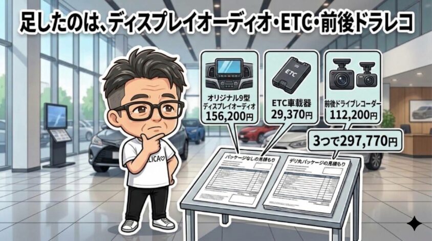 パッケージなしに足したのは、ディスプレイオーディオ・ETC・前後ドラレコ